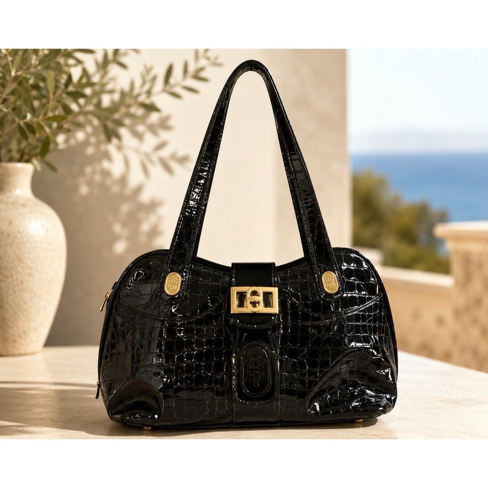Marino Orlandi Black Patent Croc Embossed Leather Satchel Handbag Made in Italy